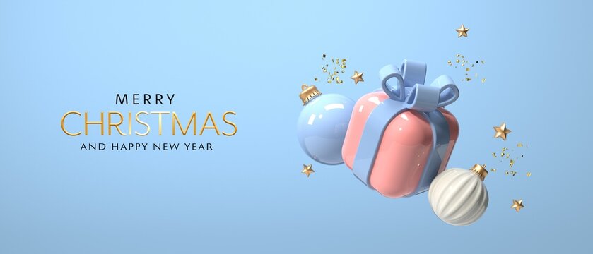 Christmas gift box with baubles - 3D render