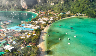 Phi Phi Don, Thailand. Aerial view of Ton Sai Beach and Loh Dalum Beach from drone on a clear sunny...