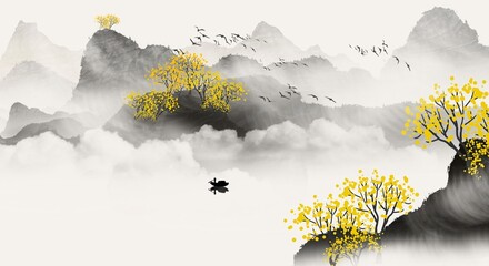 China's traditional Chinese painting ink in the mountains. hand drawn watercolor mountain landscape. Watercolor forest winter landscapes.  © wijhatun