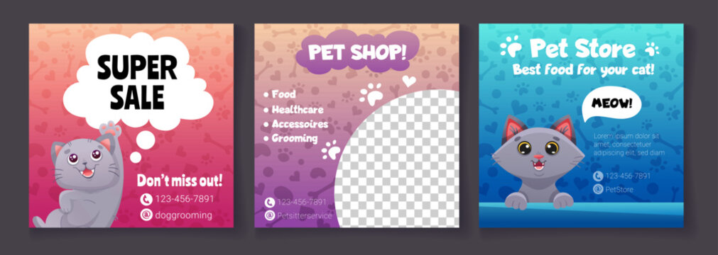 Pet store banner for social media posts with cute cats. Super Sale square template for pet shop. Vector cartoon illustration with editable text and photo