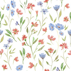 Watercolor  seamless pattern with abstract blue, orange flowers, green leaves, branches. Hand drawn floral illustration isolated on white background. For packaging, wrapping design or print.
