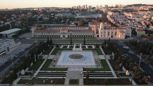 Aerial drone view of Monastery of Jeronimos in Belem district of Lisbon, Portugal