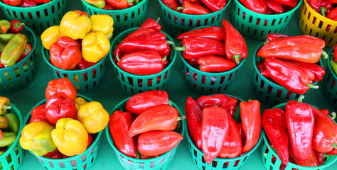 Fototapeta na wymiar Fresh organic bell peppers capsicum on display for sale at local farmer's market departmental store.