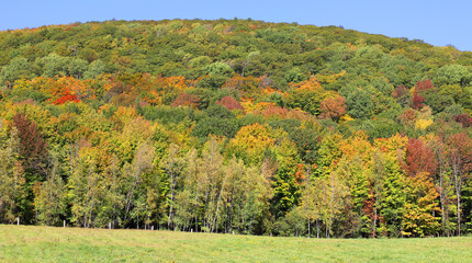 Naklejka premium Fall landscape reflection Bromont Eastern Township Quebec province Canada