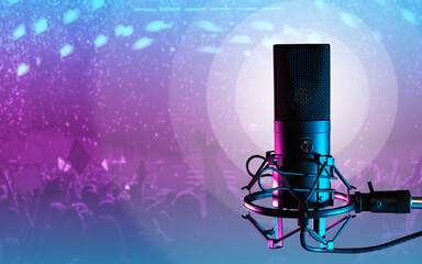 Professional studio microphone. Condenser microphone on a dark background. It is designed for podcasting. Microphone as a symbol for recording audio podcasts. Recording audio podcasts in studio