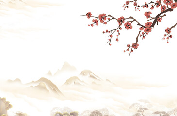 China's traditional Chinese painting ink in the mountains. hand drawn watercolor mountain landscape. Watercolor forest winter landscapes.  © wijhatun