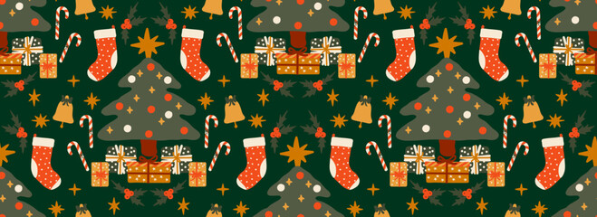 Merry Christmas seamless pattern. Gift boxes, fir tree and candy cane. Wrapping paper for gift