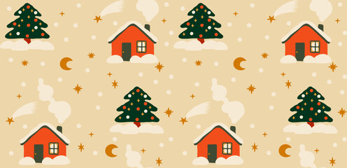 Merry Christmas seamless pattern. Cute House and fir tree. Wrapping paper for gift