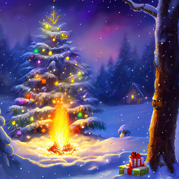 Winterlandschaft mit Weihnachtsbaum, Lagerfeuer und Geschenk, Weihnachtskarte Illustration