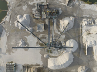 Zwolle, The Netherlands. Extracting sand for construction, suction dredger that is connected to the sand classification installation by a floating pipeline. Top down aerial drone overview.