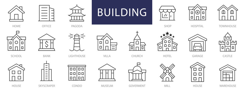 Building Thin Line Icons Set. Building, House, Hospital, Office, School, Bank, Church, Hotel Editable Stroke Icon. Vector Illustration