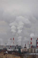 Industrial landscape with views of the roofs of houses and white puffs of steam from the pipes of a thermal power plant against a gray sky. 