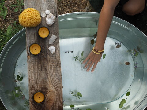 the girl takes herbal medicinal baths