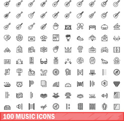 100 music icons set. Outline illustration of 100 music icons vector set isolated on white background