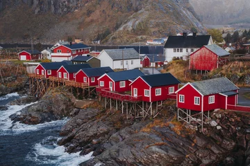 Papier Peint photo autocollant Reinefjorden Beautiful at Hamnoy fishing village on Lofoten Islands, Norway. Famous tourist attraction. Norway with red rorbu houses. Traditional Norwegian fisherman s cabins, rorbuer on the island.