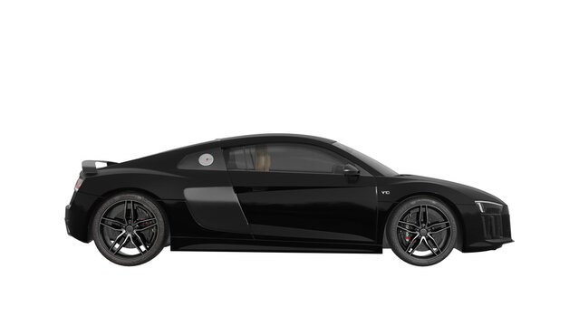 side view of black car isolated on white, AUDI R8 png transparent background 3d rendering
