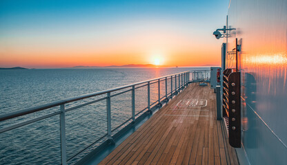 Wooden cruise deck at sunset. - obrazy, fototapety, plakaty