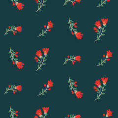 Seamless floral pattern with decorative art branches of wild flowers  on a dark blue background. Cute flower print, pretty ditsy design with small hand drawn twigs, red flowers, leaves. Vector.