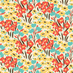Seamless floral pattern with pretty painted meadow. Cute ditsy print, artistic flower design with sketch garden, small hand drawn wild plants: tiny flowers, leaves, grass on a light background. Vector