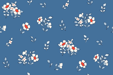 Seamless floral pattern, pretty ditsy print with tiny winter botany. Cute flower design with small hand drawn flowers, leaves in a liberty arrangement on blue background. Vector botanical illustration © Yulya i Kot
