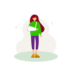 A girl with a broken arm. A girl with a cast. A flat character. Vector. Illustration.