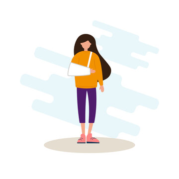 A girl with a broken arm. A girl with a cast. A flat character. Vector. Illustration.