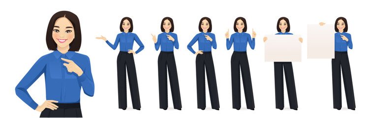 Business asian woman casual style clothes in different poses set. Various gestures - pointing, showing, holding empty blank board isolated vector illustration
