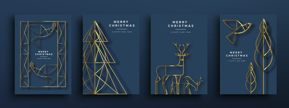 Merry Christmas and New Year blue set template cover