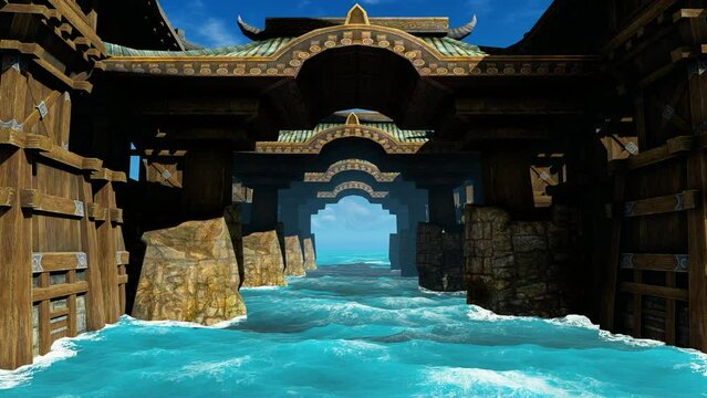 Movement along the ancient temple on the water