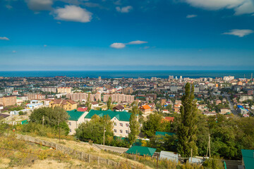 Russia. Dagestan. October 22, 2022. Panorama of the city of Makhachkala from the height of the mountains.