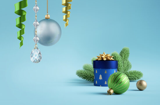 3d render. Christmas ornaments, wrapped gift boxes, serpentine and evergreen spruce branches. Festive clip art isolated on light blue background. Blue green winter holiday wallpaper