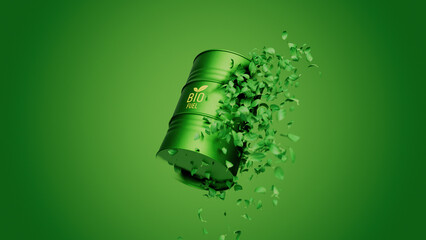 Green Leaves spin and form barrel of biofuel or biodiesel drums. Sustainable energy concept. 3d render illustration - obrazy, fototapety, plakaty