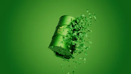 Foto op Aluminium Green Leaves spin and form barrel of biofuel or biodiesel drums. Sustainable energy concept. 3d render illustration © garrykillian