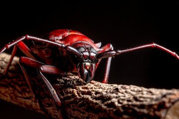 Macro shot of a beetle on a branch isolated on a black background