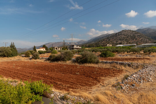 Malia, Crete, Greece. 2022. Rural farming landscape with a backgrouns of mountains above Malis.