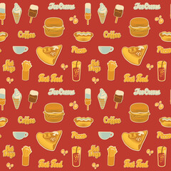 Seamless pattern with drawings and inscriptions in retro style. Vector cartoon background on the theme of fast food with pizza, burger, ice cream, coffee, cola, hot dog.