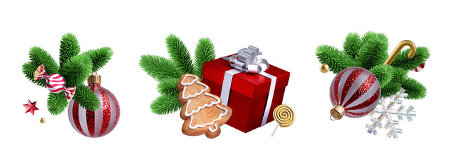 3d render, set of traditional Christmas ornaments and decorations. Winter holiday clip art isolated on white background. Collection of festive arrangements