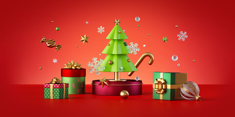 3d render, Christmas background with wrapped gift boxes and festive ornaments. Winter holiday wallpaper