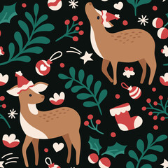 Vector decorative Christmas seamless pattern. Cute illustration with deer, leaves, xmas elements for greeting cards, social media post, print design.