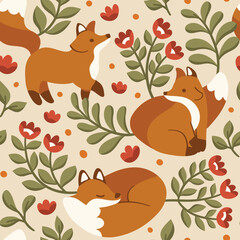 Cute seamless pattern with fox and floral elements. Vector illustration with cartoon drawings for print, fabric, textile.