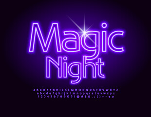 Vector glowing flyer Magic Night. Violet electric Font. Stylish Neon Alphabet Letters and Numbers set