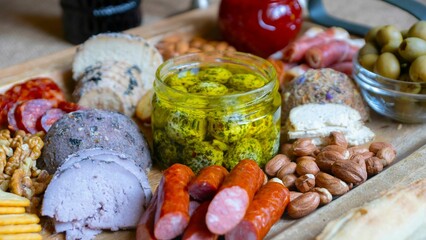 Closeup shot of a tray with salami variety