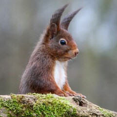 Close-up of a cute red tree squirrel (Sciurus vulgaris ognevi) resting on a tree looking aside