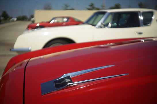 Selective focus of the Studebaker Avanti vintage car collection of automobiles