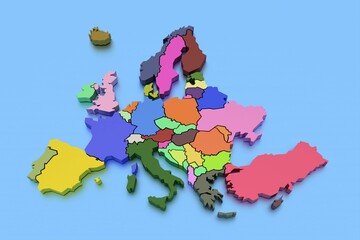 Three-dimensional map of Europe in bright colors isolated on a blue background