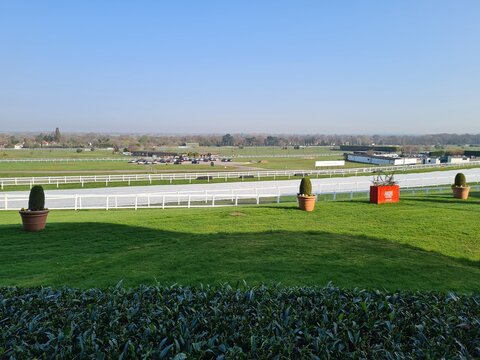Hippodrome in Sandown Park with a blue sky in the background, Esher, England, United Kingdom