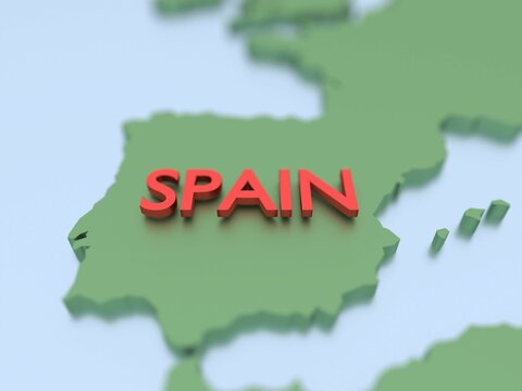 3D illustration of a map of Spain in green isolated on a plain blue background