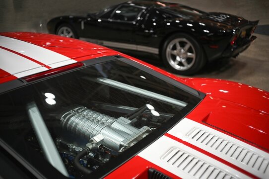 Closeup of Ford GT supercharged engine at Mecum Auto Auction 2 GT 40's