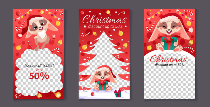 Chinese new year 2023 year of the rabbit. Social media posts with cute rabbit and goft box. Template designs with zodiac symbol. Vector cartoon illustration