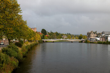 Fototapeta na wymiar 17 October 2022. Inverness,Highlands and Islands,Scotland. This is a scene around the River Ness in the City Centre showing the Castle, Restaurants and Hotels. 